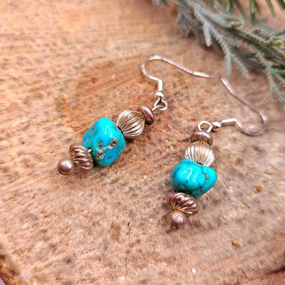 Beautiful Nature Turquoise Raw Stone Sterling S925 Dangle Earring - Picture 10 of 10